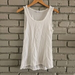 Ridley White Gauze Frayed Trim Tank Top XXS Scoop Neck‎ Boho Lagenlook Coastal